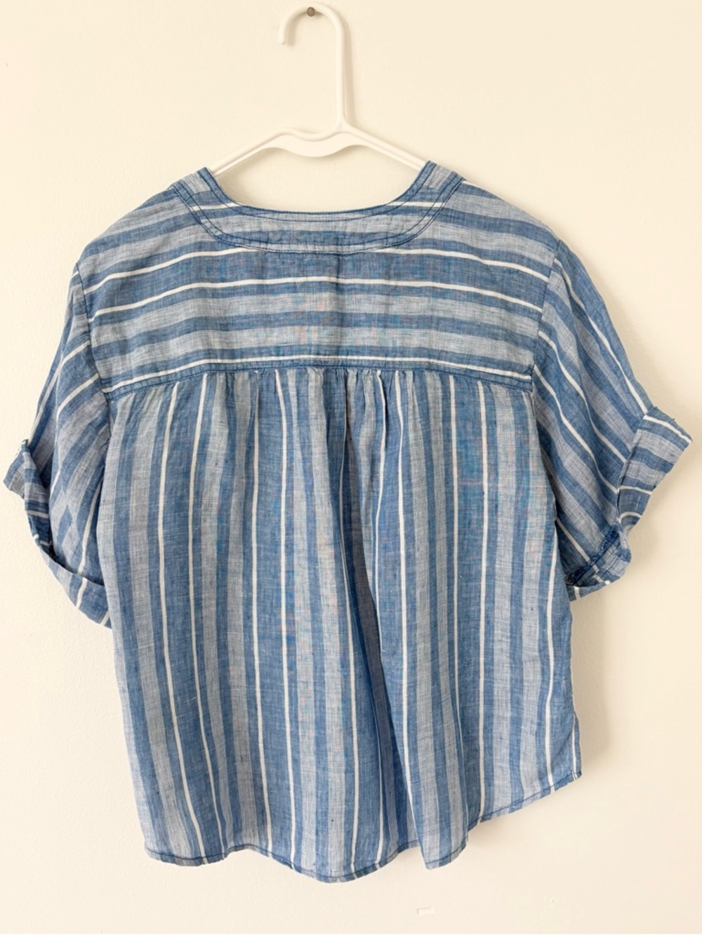 Anthropologie Pilcro Blue White Striped Deep V Cuffed Sleeves Linen Tee Medium - Picture 6 of 7